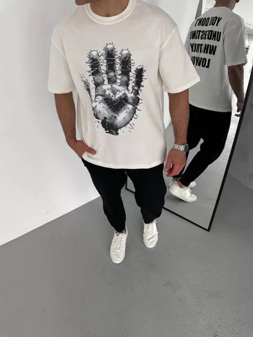 Unisex Bisiklet Yaka Baskılı Oversize T-Shirt - Beyaz - S - Beyaz