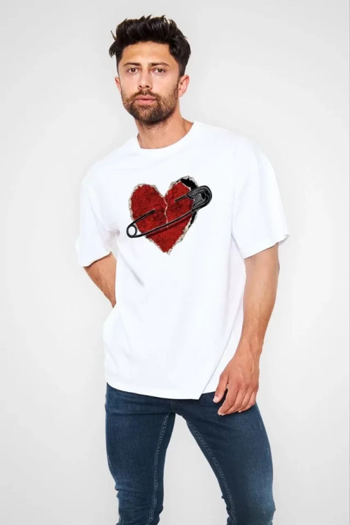 Unisex Bisiklet Yaka Baskılı Oversize T-Shirt - Beyaz - XL - Beyaz