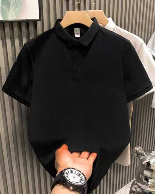 Yakası Düğmeli Yakalı Pike Düz T-Shirt - Siyah - 2XL - Siyah