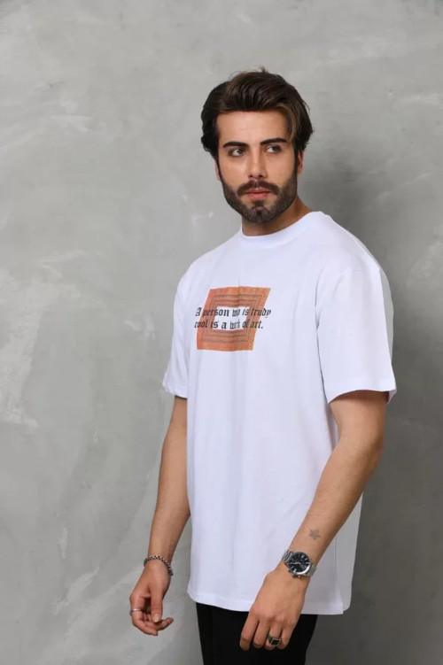 Unisex Bisiklet Yaka Baskılı Oversize T-Shirt - Beyaz - M - Beyaz