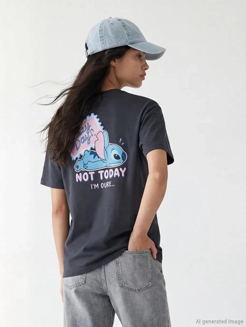 Antrasit Bisiklet Yaka Stitch Baskılı Kadın Tişört