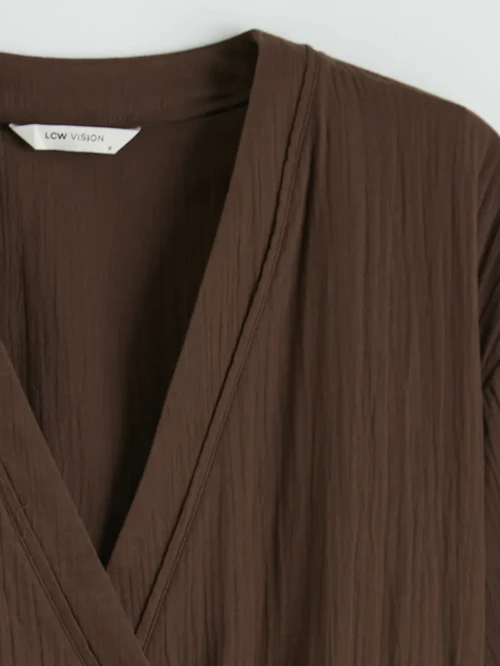 Kahverengi Kruvaze Yaka Dokulu Kadın Kimono