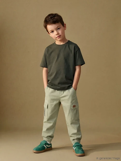 Yeşil Loose Fit Erkek Çocuk Gabardin Kargo Pantolon