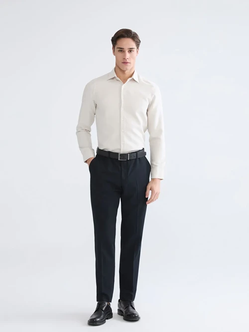 Bej Slim Fit Armürlü Erkek Gömlek