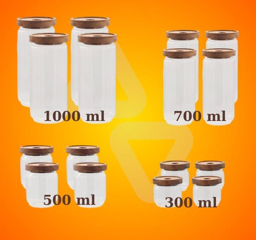 Ahşap Kapaklı 16 lı 4 Boy Cam Saklama Kabı 1000-700-500-300 ml