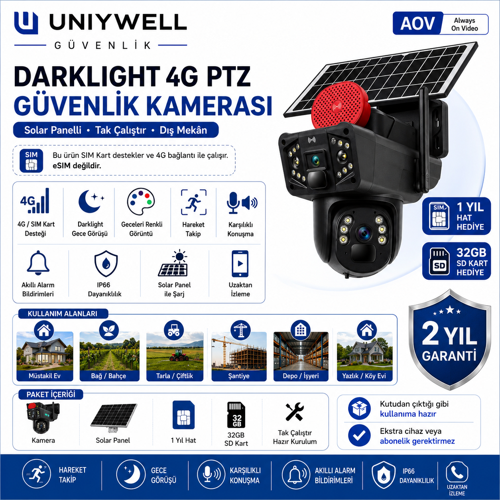 2 Kameralı 1 Sabit 1 Ptz eSim AOV 4MP Solar Kamera Yıllık 180GB Sim Kart Ve 32gb Sd Kart Dahil