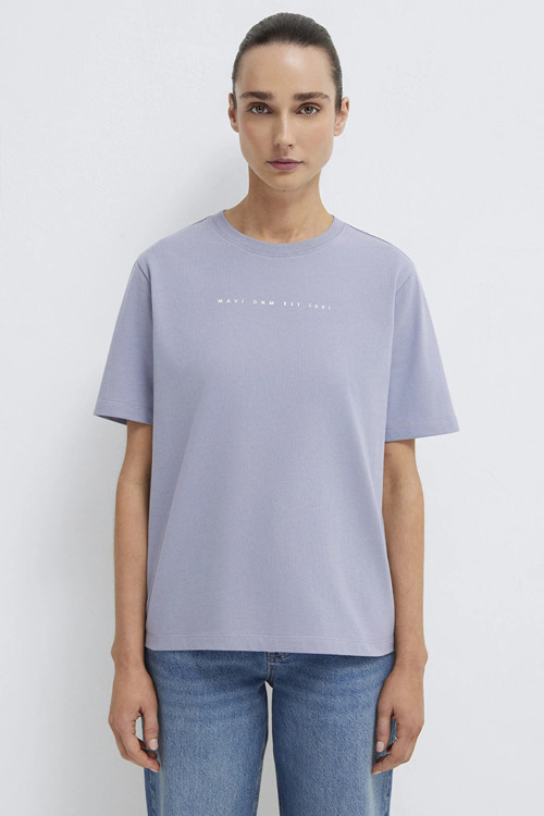 % 100 Pamuk Baskılı Bisiklet Yaka Bayan T Shirt 1613147-81919 MOR