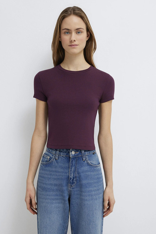 % 100 Pamuk Crop Fit Bisiklet Yaka Bayan T Shirt 1600814-70434 BORDO