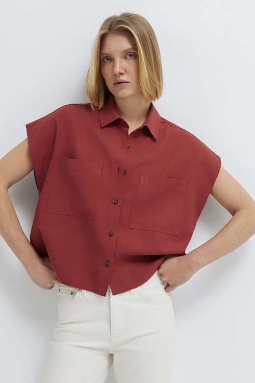 Keten Karışımlı Cep Detaylı Loose Fit Bayan Gömlek 1211090-91507 KIZIL