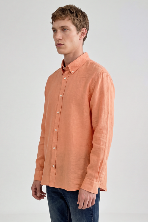 % 100 Keten Regular Fit Klasik Yaka Uzun Kollu Erkek Gömlek L2510549 700 ORANGE