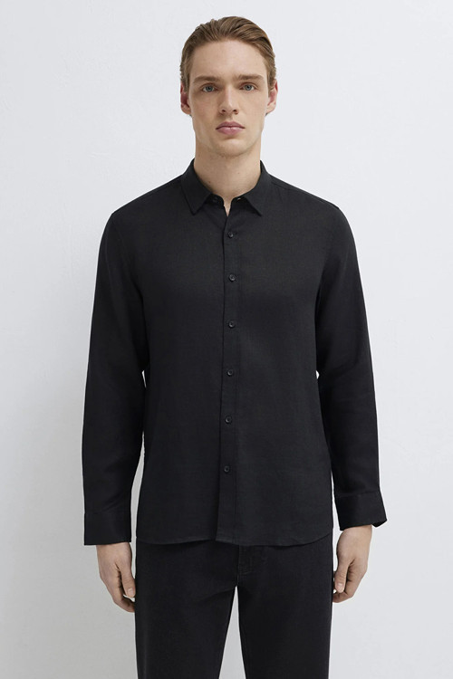 % 100 Keten Regular Fit Klasik Yaka Uzun Kollu Erkek Gömlek 0211909-900 SİYAH