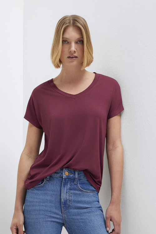 V Yaka Yumuşak Dökümlü Basic Bayan T Shirt 167714-70393 BORDO