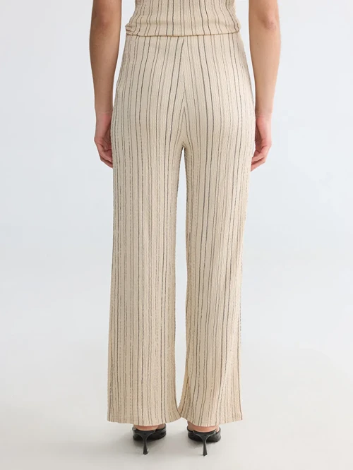 Ekru Beli Lastikli Çizgili Kadın Pantolon