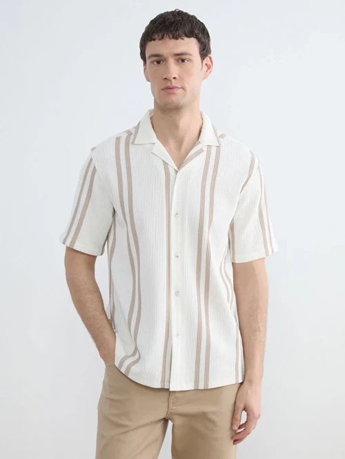 Ekru Regular Fit Çizgili Erkek Gömlek