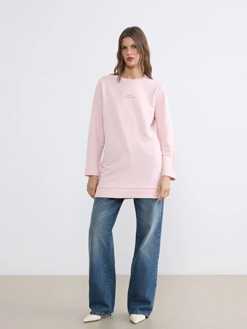 Pembe Bisiklet Yaka Kadın Sweatshirt Tunik