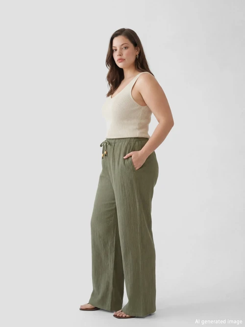 Haki Beli Lastikli Kadın Müslin Pantolon