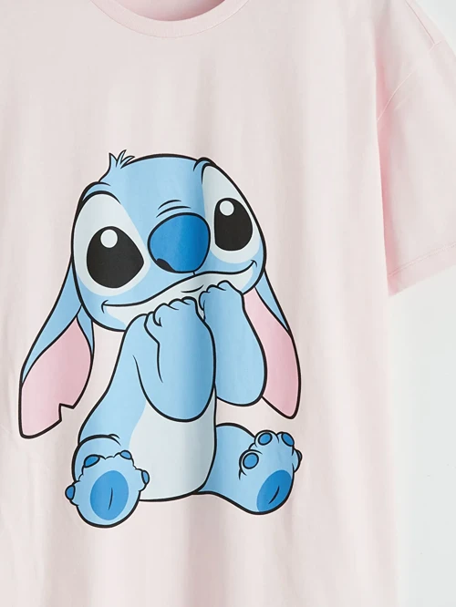 Pembe Bisiklet Yaka Stitch Baskılı Kadın Tişört