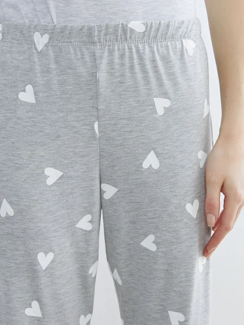 Gri Beli Lastikli Kalp Desenli Kadın Pijama Altı