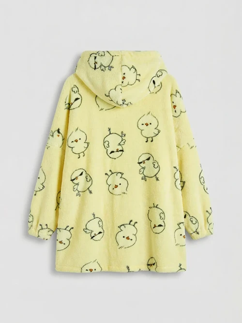 Sarı Kapüşonlu Oversize Kadın Pelüş Pijama Üstü