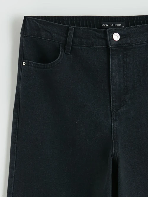 Siyah Beli Lastikli Wideleg Kadın Jean Pantolon