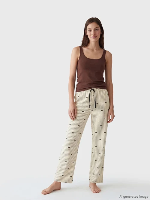 Ekru Beli Lastikli Çizgili Kadın Pijama Altı