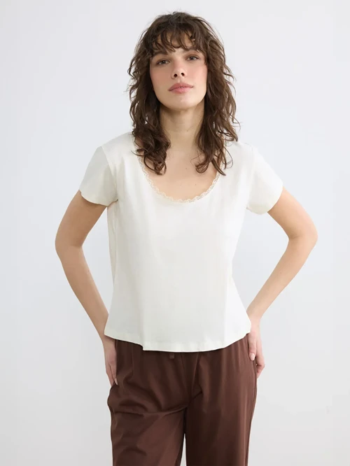 Ekru Bisiklet Yaka Kadın Pijama Üstü