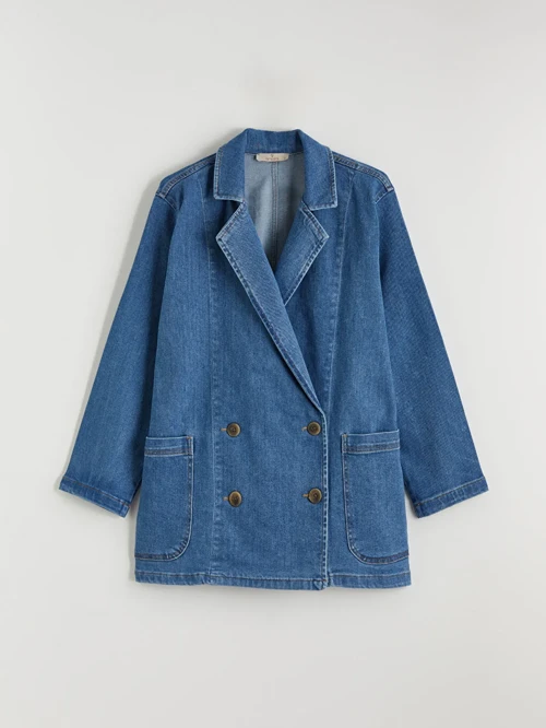 Lacivert Kruvaze Yaka Kadın Jean Blazer Ceket