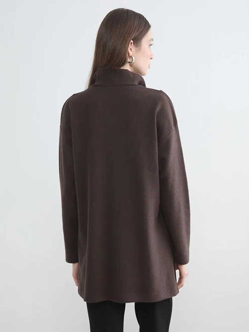 Kahverengi Dik Yaka Kadın Sweatshirt Tunik