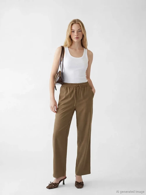 Haki Beli Lastikli Geniş Paça Kadın Pantolon
