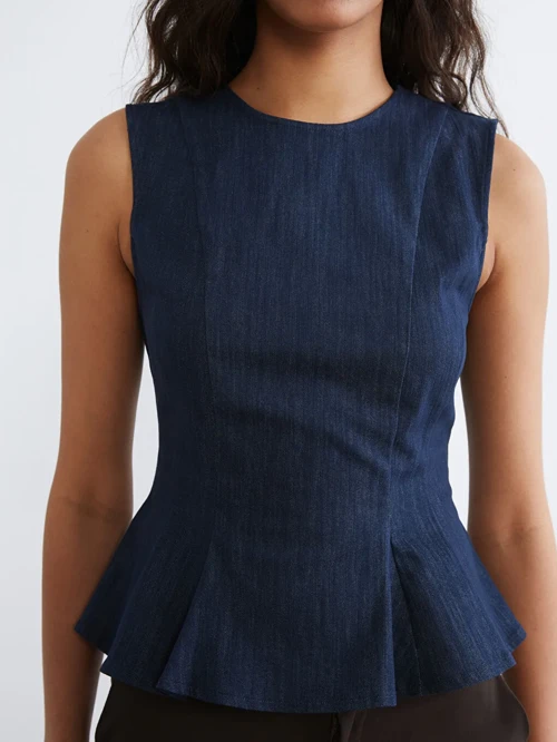 İndigo Bisiklet Yaka Peplum Jean Bluz