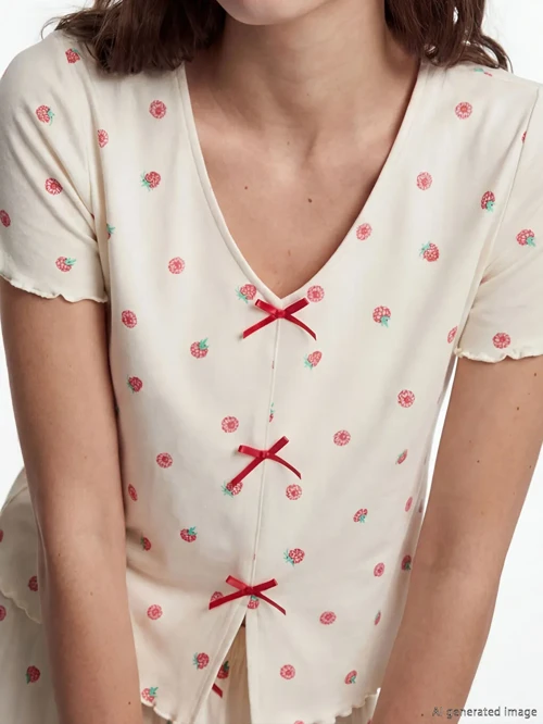 Ekru Desenli Kadın Kaprili Pijama Takımı