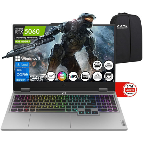Loq 15IRX10 I7-13700HX RTX5060 64GB Ram 512GB SSD 15.6" Fhd IPS 144Hz W11 83JE00LFTR Taşınabilir Bilgisayar