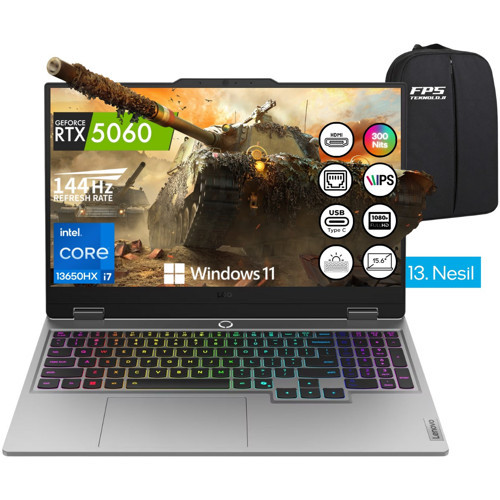 Loq 15IRX10 İ7-13650HX RTX5060 100W 12GB Ram 1tb SSD 15.6" Fhd IPS 144Hz W11 Taşınabilir Bilgisayar