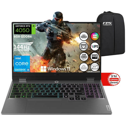 Loq 15IAX9 I5-12600HX RTX4050 105W 32GB Ram 2tb SSD 15.6" Fhd IPS 144Hz W11 83GS00L7TR Taşınabilir Bilgisayar