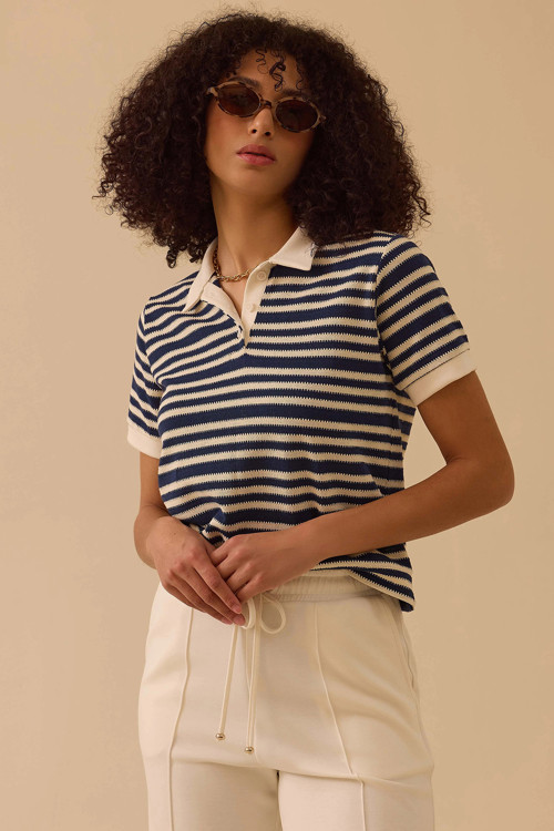 Kadın Polo Yaka Çizgili T-Shirt 0007 Lacivert