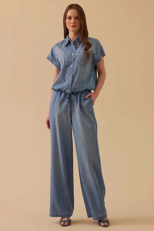 Kadın Beli Lastik Detaylı Rahat Kesim Jean 0017 Mavi