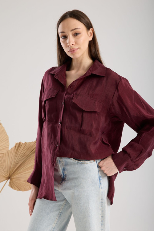Saten Oversize Kadın Gömlek Bordo Çift Cep Kapaklı Krinkıl