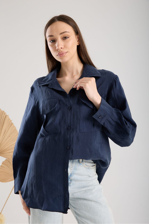 Saten Oversize Kadın Gömlek Lacivert Çift Cep Kapaklı Krinkıl