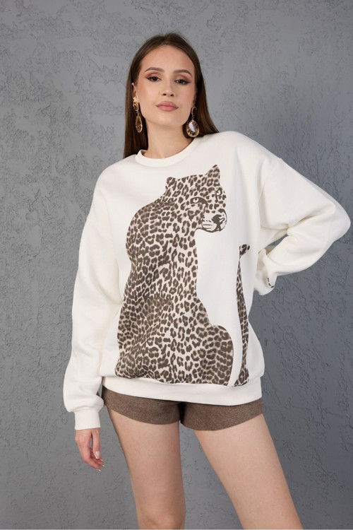 Leopar Desenli Baskılı Şardonlu Oversize Sweatshirt