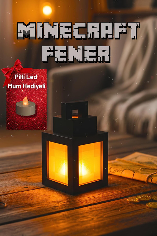 Minecraft Fener Modern Tasarımlı Led Masa Lambası-Pilli Led Mum Hediyeli-Dekoratif Masaüstü Lamba