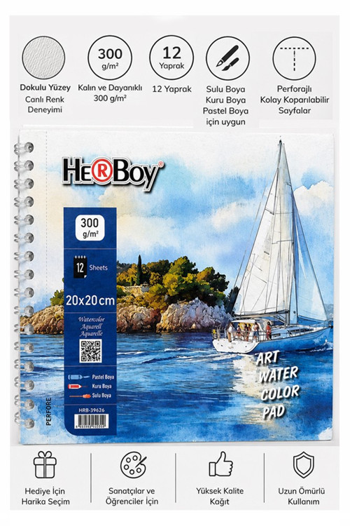 Telli Suluboya Eskiz Defteri 20x20 cm 1 Adet Herboy 300 gr Sulu Boya Eskiz Defteri Karakalem Çizim 12 Sayfa Dokulu Kağıt