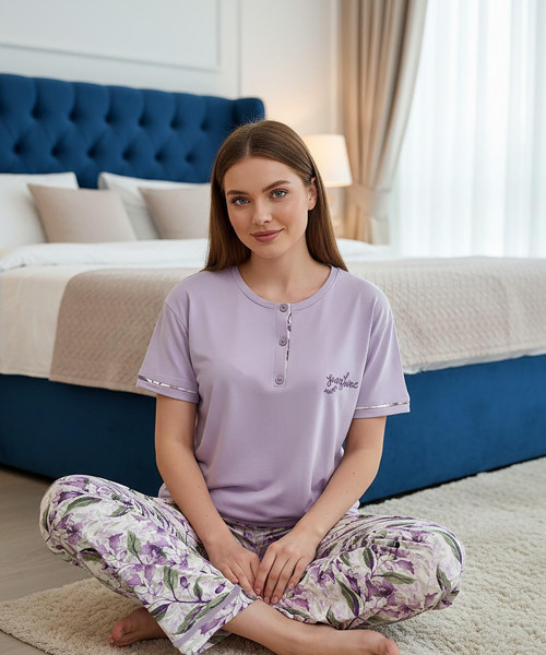 Kadın Ring Viskon Düğmeli Yaka Kısa Kol Likralı Pijama Takımı 40112M - 1 Adet