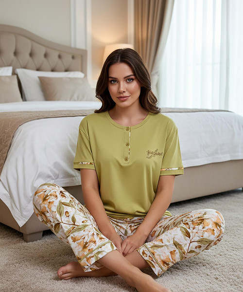 Kadın Ring Viskon Düğmeli Yaka Kısa Kol Likralı Pijama Takımı 40112FY - 1 Adet