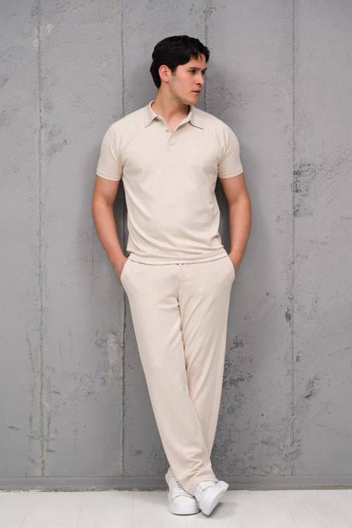 Regular Fit Likralı Kendinden Çizgili Yarım Baggy Pantolonlu T-shirt Takım