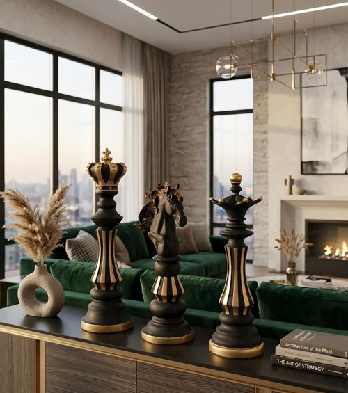 Dekoratif Satranç Takımı Şah Vezir At Siyah Gold 3 Lü Biblo