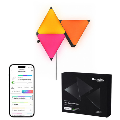 Üçgen Akıllı RGBW Duvar Paneli Genişletme Paketi App Kontrollü, 3 Parça, Siyah, Google Home