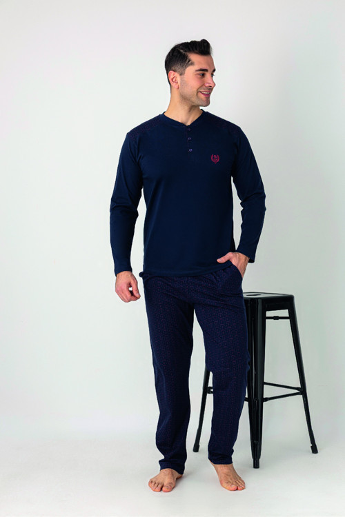 Erkek Alt Desenli Apoletli Uzun Kollu Patlı Penye Battal Pijama Takımı