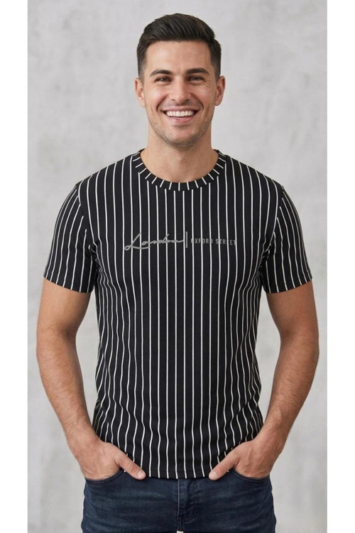 Erkek Dikey Çizgili Rahat Kesim Bisiklet Yaka T-Shirt