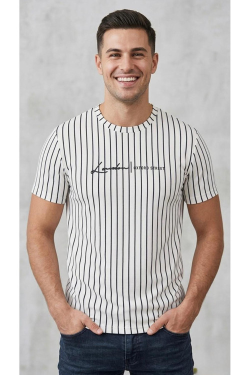 Erkek Dikey Çizgili Rahat Kesim Bisiklet Yaka T-Shirt