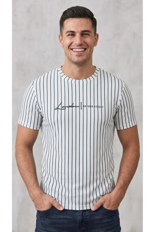 Erkek Dikey Çizgili Rahat Kesim Bisiklet Yaka T-Shirt